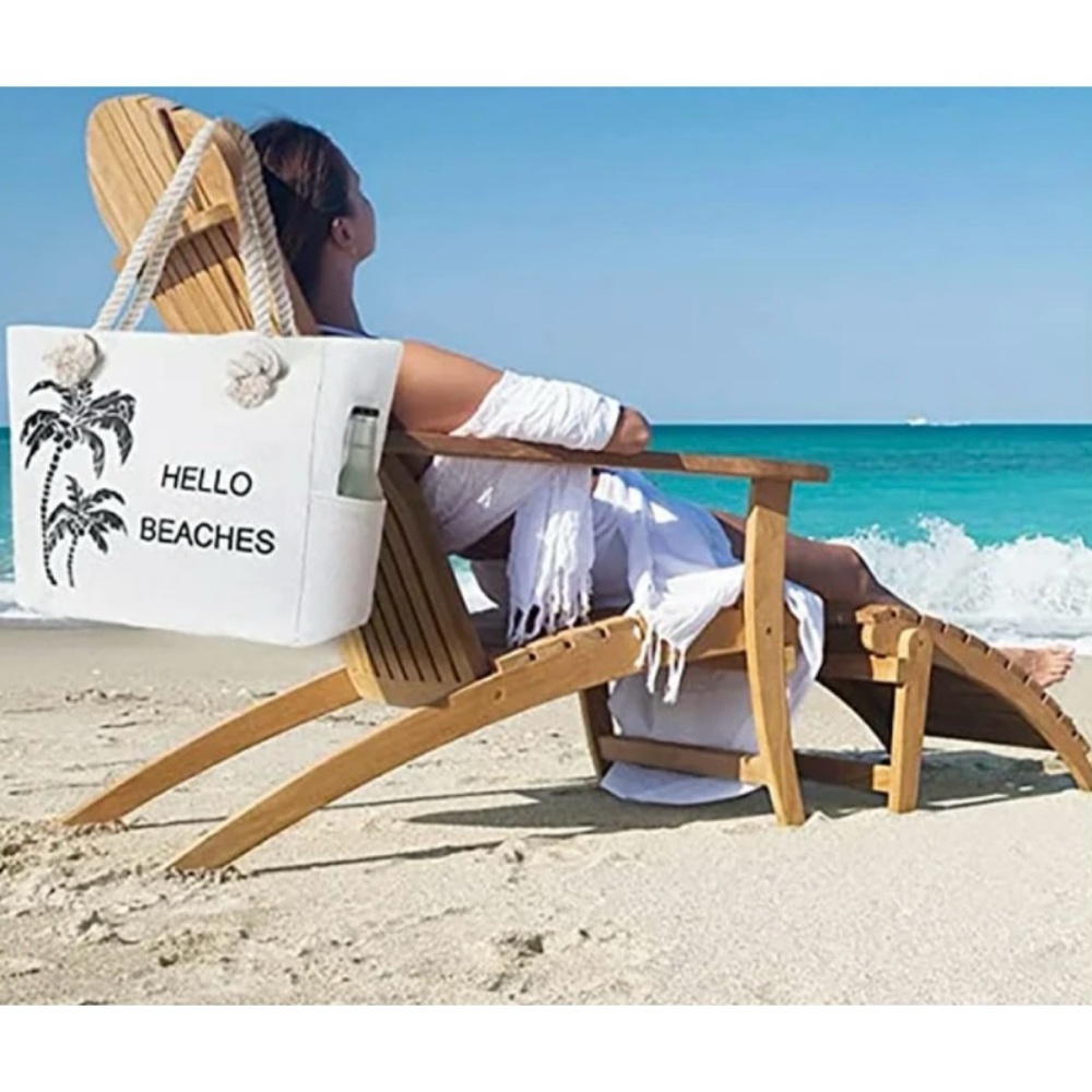 (NWT) TESALATE • Cream/Black “Hello Beaches” and Palm Trees Large Beach Tote Bag - Picture 15 of 15